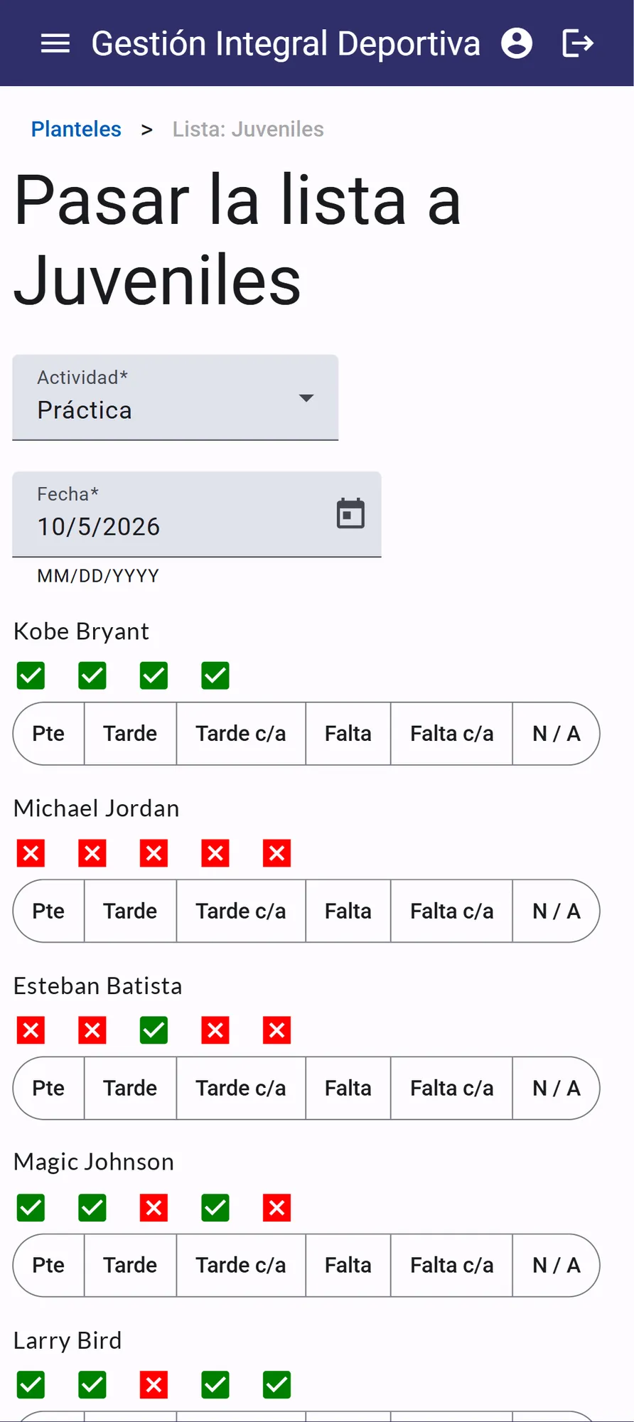 Coach attendance screen